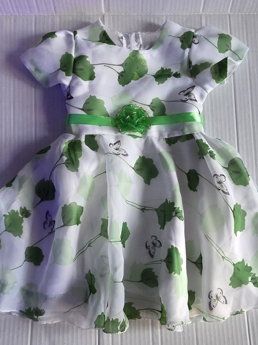 Green Floral Organza Baby Dress with Ribbon Flower